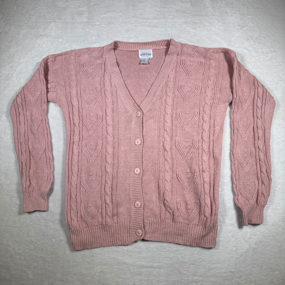 Vintage Brownstone Studio Pink Heart Cable‎ Knit Button Cardigan Sweater Women M